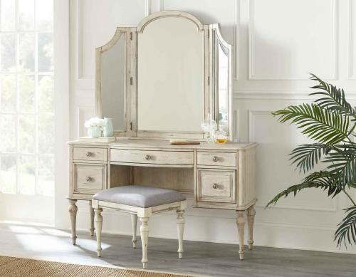 3-Piece Highland Park Vanity Set, Cathedral White<br> (Vanity Desk, Tri-fold Mirror and Bench)