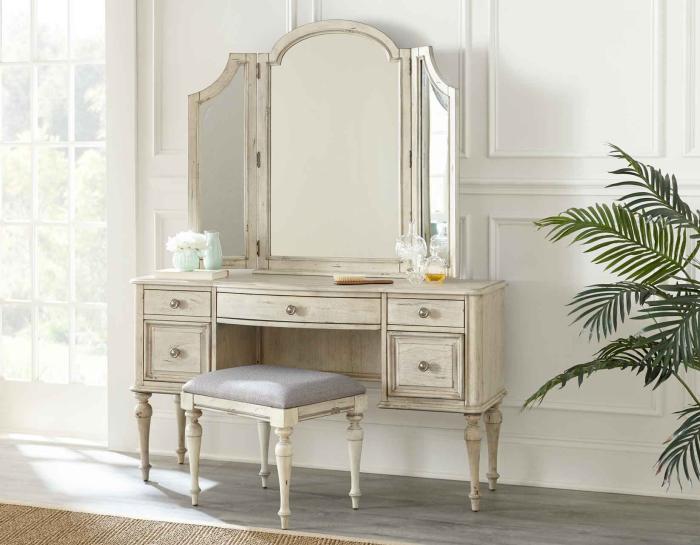 3-Piece Highland Park Vanity Set, Cathedral White (Vanity Desk, Tri-fold Mirror and Bench) - DFW