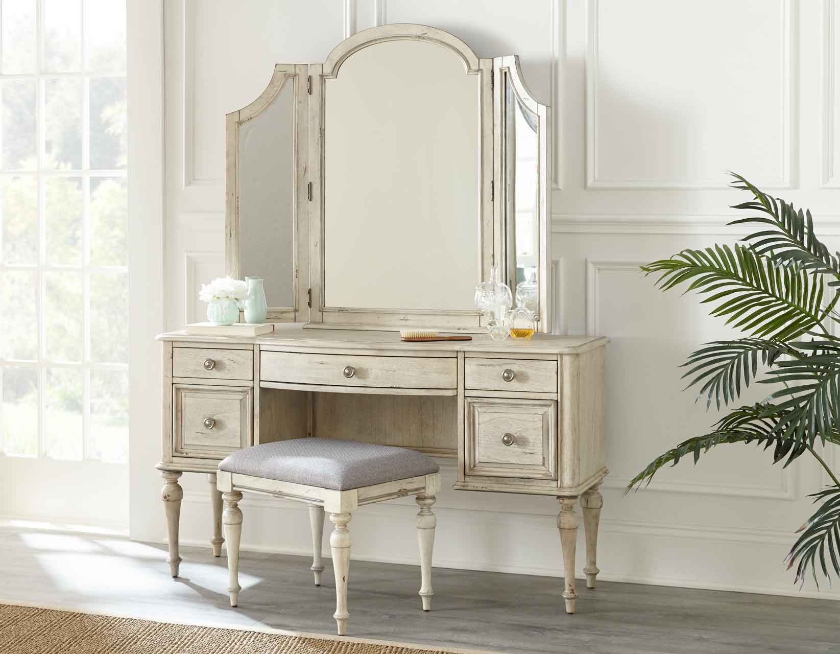 Cathedral White Vanity Desk, Foldable Mirror Vanity Desk