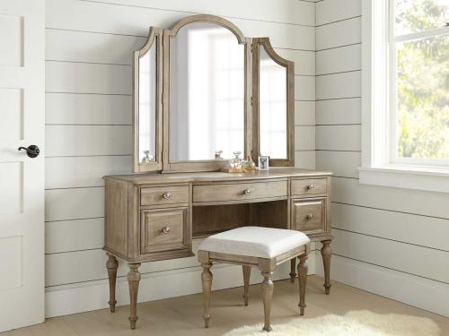 3-Piece Highland Park Vanity Set, Waxed Driftwood (Vanity Desk, Tri-fold Mirror and Bench) - DFW