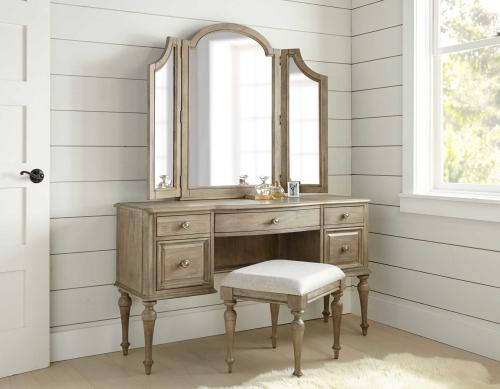 3-Piece Highland Park Vanity Set, Waxed Driftwood<br> (Vanity Desk, Tri-fold Mirror and Bench)