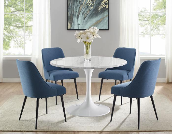 Colfax 5-Piece White Marble Dining Set, Navy Chairs<br>(Table & 4 Chairs)
