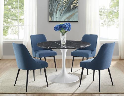 Colfax 5-Piece 45-inch Round Black Marble/White Base  Dining Set, Blue Chairs