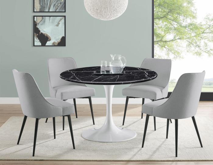 Colfax 45 inch Round Black Marquina Marble Top/White Base Dining Table - DFW